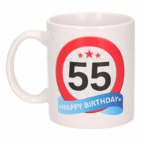 55 jaar Verjaardag koffiemok - cadeau beker - stopbord print - 300 ml - keramiek - wit