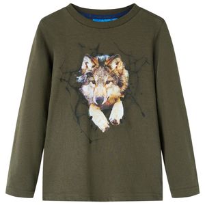 Kindershirt met lange mouwen wolvenprint 92 kakikleurig