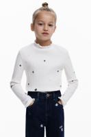 Geribd T-shirt met borduursels - WHITE - 11/12