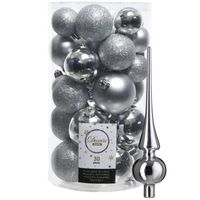 Decoris kerstballen 30x stuks - zilver 4/5/6 cm kunststof mat/glans/glitter mix en piek - Kerstbal - thumbnail
