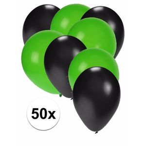 50x ballonnen - 27 cm - zwart / groene versiering