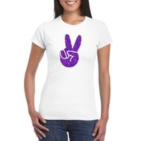 Wit Flower Power t-shirt paarse glitter peace hand dames 2XL  -