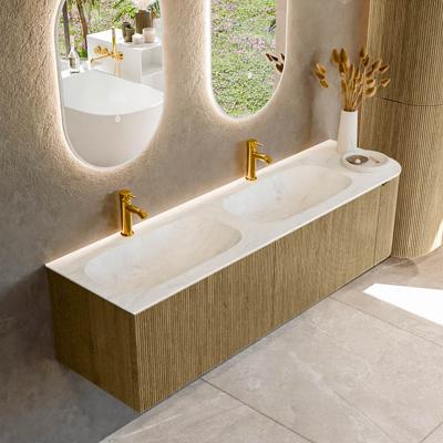 Badmeubel Mondiaz Kurve-Dlux | 165 cm cm | Meubelkleur Dusk | Wastafelkleur Opalo | Solid surface | Dubbel / Links spoelbak | 2 kraangaten