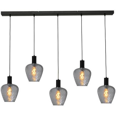 Masterlight 5-lichts hanglamp - zwart -Porto met Diamond smoke glazen - 2711-05-05-130-5-5