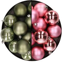 Kunststof kerstballen 6 cm - 24x stuks - mosgroen en roze - Kerstbal - thumbnail