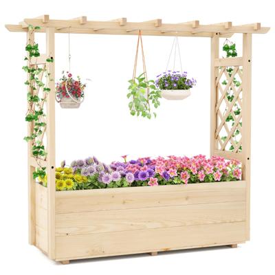 Plantenbak met 2 Zijtrellis Hangend Dak Drainagegat Verhoogd Tuinbed voor Klimplanten Bloemen Kruiden 115 x 40 x 103 cm
