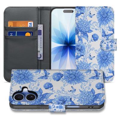 Apple iPhone 17 Portemonnee Hoesje Blauw Bloemen PU-Leer 3 Pasjes