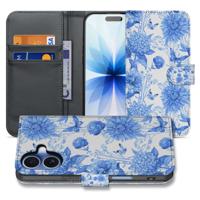 Apple iPhone 17 Portemonnee Hoesje Blauw Bloemen PU-Leer 3 Pasjes