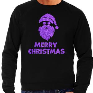 Foute Kersttrui/sweater voor heren - Merry Christmas - zwart - glitter paars - kerstman