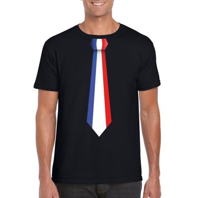 Supporters T-shirt - zwart - met vlag Frankrijk kleuren stropdas - heren - korte mouw