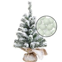 Mini kerstboom besneeuwd - incl. verlichting bollen lichtgroen - H45 cm