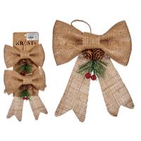 2x stuks kerstboomversiering kleine ornament strikjes/strikken jute beige glitters 15 x 16 cm