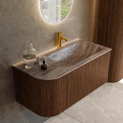 Badmeubel Mondiaz Kurve-Dlux | 95 cm | Meubelkleur Walnut | Wastafelkleur Oza | Solid surface | Wasbak rechter zijde spoelbak | 1 kraangat