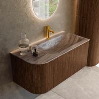 Badmeubel Mondiaz Kurve-Dlux | 95 cm | Meubelkleur Walnut | Wastafelkleur Oza | Solid surface | Wasbak rechter zijde spoelbak | 1 kraangat