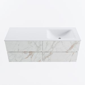MONDIAZ VICA 130cm badmeubel onderkast Carrara 4 lades. Wastafel CLOUD rechts zonder kraangat, kleur Talc.