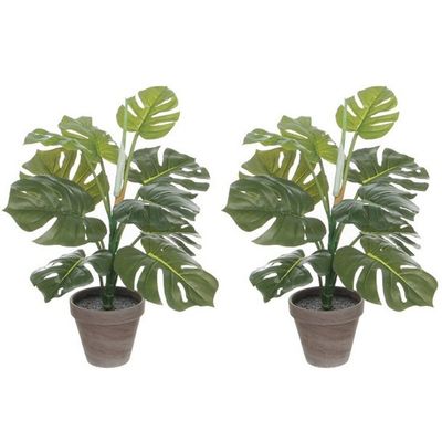 2x Groene Monstera/gatenplant kunstplanten 48 cm in grijze pot