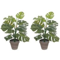 2x Groene Monstera/gatenplant kunstplanten 48 cm in grijze pot