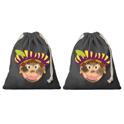 Katoenen Pietenzak / strooizak - 2x - zwart - met sluitkoord - roetveeg Piet - voor pepernoten
