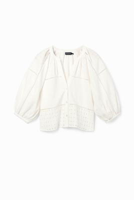 Blouse V-hals broderie anglaise - WHITE - M