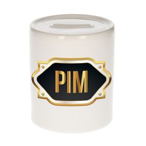 Naam cadeau spaarpot Pim met gouden embleem