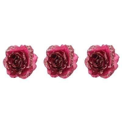 4x stuks decoratie bloemen roos framboos roze (magnolia) glitter op clip 14 cm