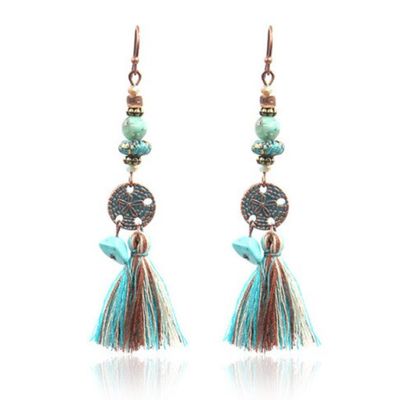 Bronzen oorhangers met muntje, kwastje en turquoise stenen