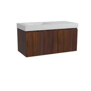 Storke Ribs zwevend badmeubel 110 x 52 cm notenhout met Mata High asymmetrisch linkse wastafel in solid surface mat wit, Verticale symmetrische rechte ribbel