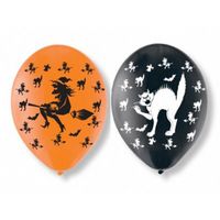 Set van 12x stuks Halloween ballonnen met heksen en katten print 27,5 cm - thumbnail