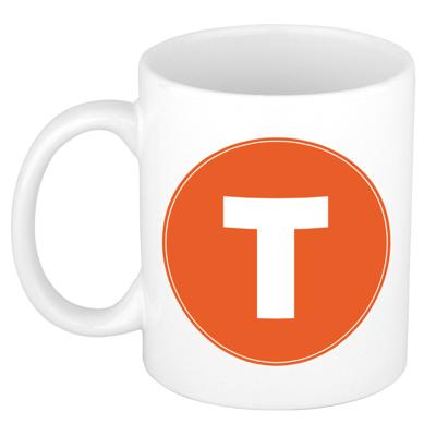 Koffie mok met de letter T - beker - oranje - eerste letter van een voornaam - wit - 300 ml Koffie mok met de letter T - beker - oranje - eerste letter van een voornaam - wit - 300 ml