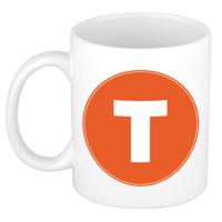 Koffie mok met de letter T - beker - oranje - eerste letter van een voornaam - wit - 300 ml