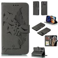 Feather patroon Litchi textuur horizontale Flip lederen draagtas met portemonnee & houder & kaartsleuven voor Galaxy A60 (grijs)