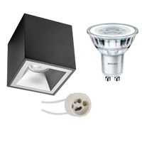 Opbouwspot Set - Pragmi Cliron Pro - GU10 Fitting - Opbouw Vierkant - Mat Zwart/Zilver - Verdiept - 90mm - Philips - CorePro 830 36D - 3.5W - Warm Wit 3000K