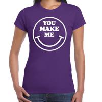Verkleed T-shirt voor dames - you make me - smiley - paars - carnaval - foute party - feestkleding