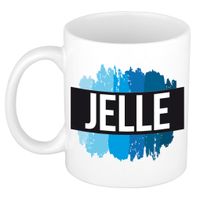 Naam cadeau mok / beker Jelle met blauwe verfstrepen 300 ml   -