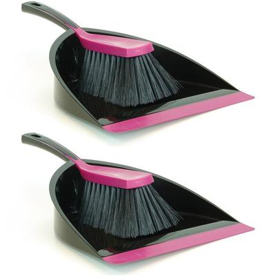 Sorbo Stoffer en blik zwart/roze - 2x - kunststof kamerveger/handveger met blik