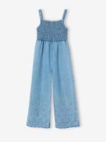 Gebloemde gesmokte meisjesjumpsuit in lichte denim lichtblauw