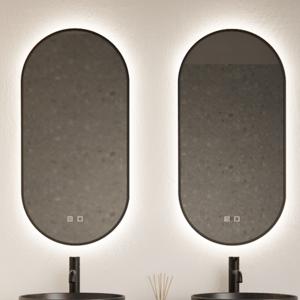 Spiegel Gliss Design Aura 40x100cm Mat Zwart Ovaal Met LED Verlichting & Geïntegreerde Spiegelverwarming