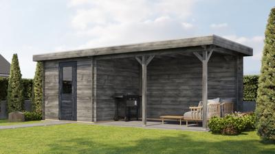 Lugarde Select Blokhut met overkapping Ede 250x250cm + 400cm - Keteldruk Grijs- Plat dak- - Lugarde Select