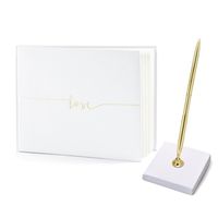 Gastenboek/receptieboek met luxe pen in houder - Bruiloft - wit/goud - 24 x 18,5 cm   - - thumbnail