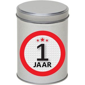 Cadeau/kado zilver rond blik 1 jaar 13 cm