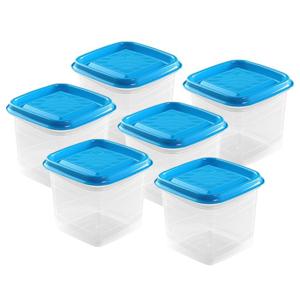 Vershoudbakjes Hega - set van 6x stuks - 0.7 liter - transparant/blauw - L11 x B11 x H12 cm