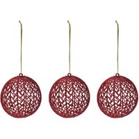 4x Rode glitter draad/rotan look kerstballen kunststof 9 cm