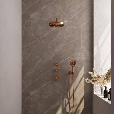 BRAUER Stripe Thermostatische Inbouw Regendouche - SET 05 - 25cm douchekop - gebogen muurarm - 3-standen handdouche - doucheslang - wandaansluitbocht - koper geborsteld PVD 5-GK-373