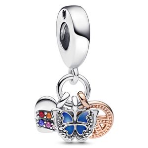 Pandora 782572C01 Hangbedel Two-Tone Rainbow Heart-Butterfly-Peace zilver-emaille-kleursteen rose-en meerkleurig