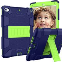 Schokbestendige tweekleurige siliconen beschermhuls voor iPad mini 2019 & 4 met houder (marineblauw + geel-groen)