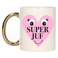 Cadeau koffie/thee mok voor Juf - goud - Super Juf hartje - keramiek - 300 ml