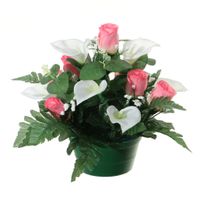 Kunstbloemen plantje in pot - wit/roze - 26 cm - Bloemstuk ornament - met bladgroen - thumbnail