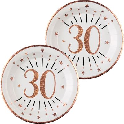Verjaardag feest bordjes leeftijd - 20x - 30 jaar - rose goud - karton - 22 cm - rond