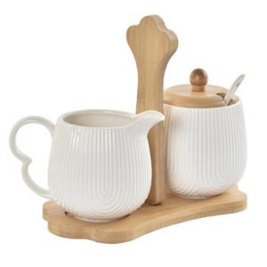 Items luxe Melk en Suikerpot Porselein/bamboe hout - wit - 20 x 11 cm - dispenser met lepel