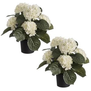 Louis maes Kunstplant - Set van 2x stuks - Hortensia hydrangea - wit - in pot - 44 cm - met bloemen